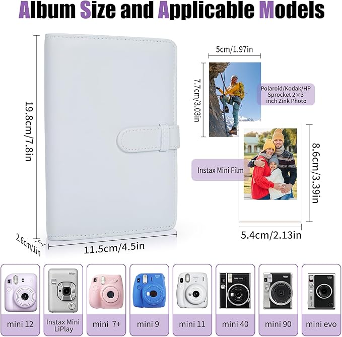 Riosin 108 Pockets Mini Album Compatible with Fujifilm Instax Mini film, Suitable for Instax Mini 12/11/7+/9/Evo/Link 2, 2x3"Photo Album for Canon ivy 2 Kpop Photocard(Clay White)