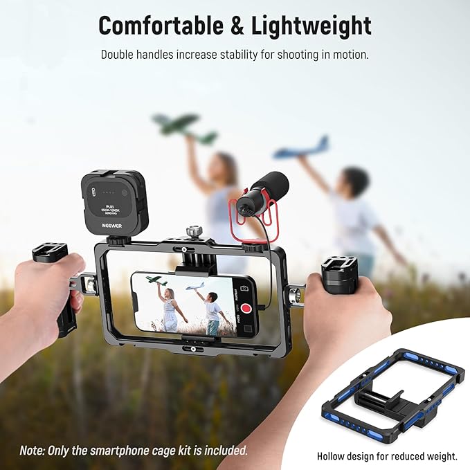 NEEWER Upgraded Phone Rig Vlogging Kit, Video Cage Stabilizer with Dual Handle Wireless Mic Clip Slot Cleaning Cloth for TikTok YouTube Recording Compatible with iPhone Samsung Android SmallRig, PA009