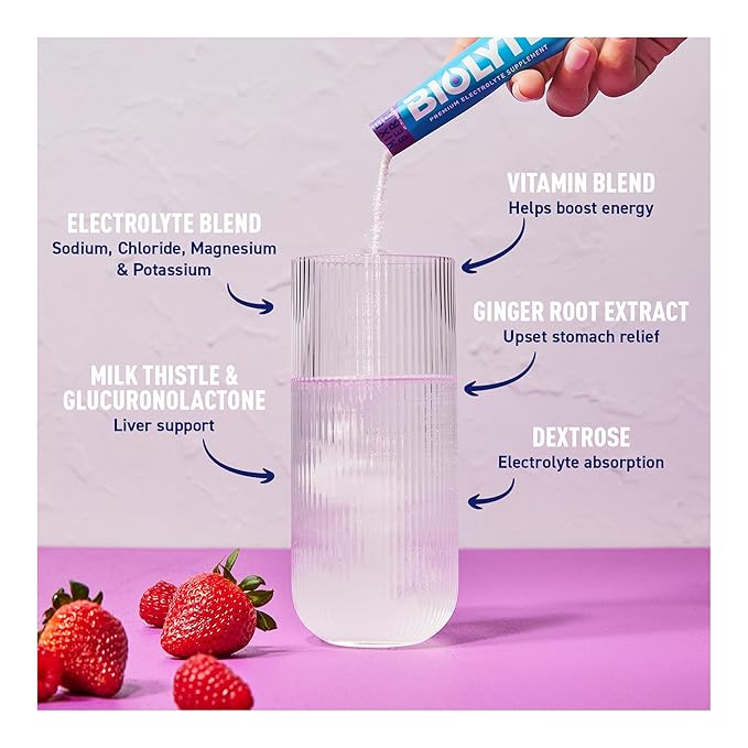 BIOLYTE IV Electrolyte Powder Packets, IV Liquid Drink Mix for Water, Doctor-Developed Hydration, HSA Approved Dehydration Relief, Chemotherapy Must Haves for Women & Men - Mixed Berry (16 Sticks)