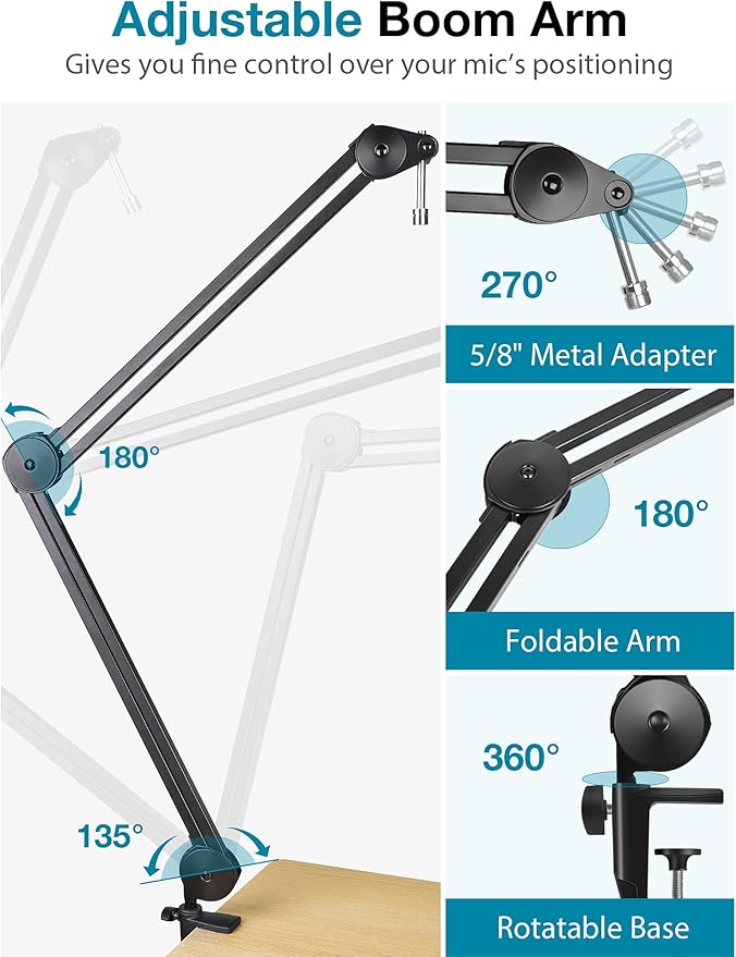 InnoGear Microphone Arm Stand, Heavy Duty Mic Arm Microphone Stand Suspension Scissor Boom Stands with Mic Clip and Cable Ties for Blue Yeti Snowball Hyper X QuadCast SoloCast Fifine Gaming(Large)