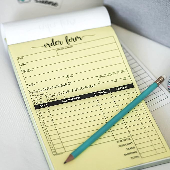 321Done Order Form Pad, 5.5x8.5 Portrait 2-Part Carbonless, Made in USA, Carbon Copy Purchase Sales Receipt Book Cute Small Size for Business Invoice (50 Sets) White/Yellow, Premium Paper