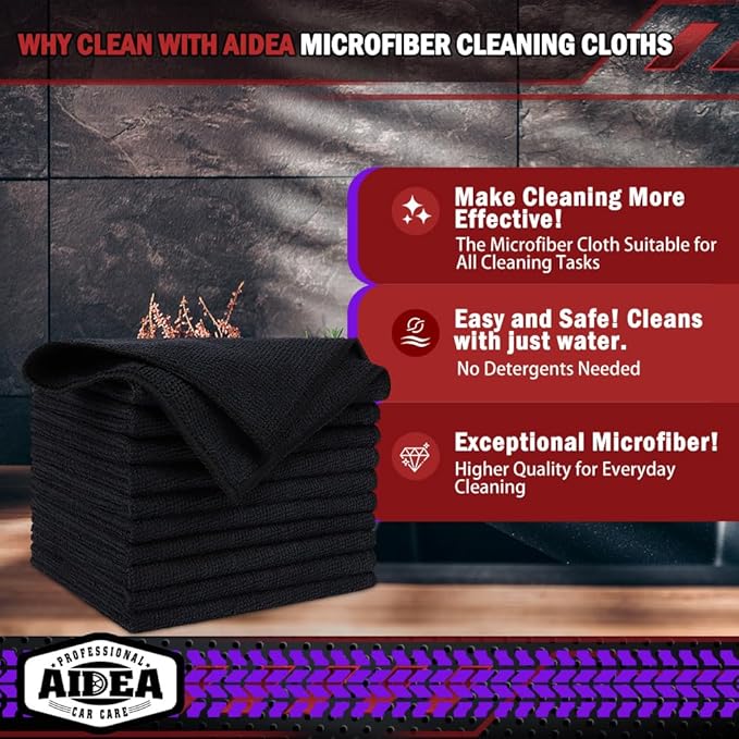 AIDEA Microfiber Cleaning Cloth Black 5PK, Microfiber Towels for Cars, Premium Car Cloths, Dusting Cloth Lint Free Cleaning Rags for SUVs, House, Kitchen, Window, Workshops,12×12"