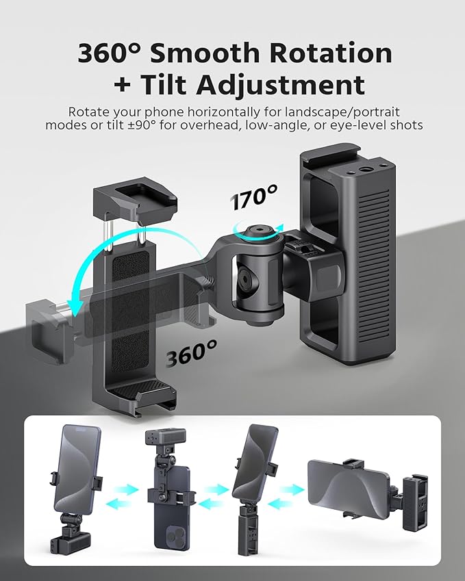360° Phone Clip Mount with 1/4"-20 Screw & Locating Pins for Arri, Rotatable Phone Holder with 3 Cold Shoes for LED Lights, Mics