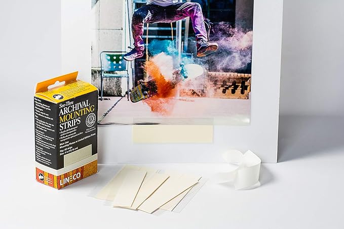 Lineco 4 Inches See-Through Archival Polyester Mounting Strips. Acid-Free, Framing Photos, Hinge-Less, Sturdy, Safe, Conservation, Easy, Artwork, Craft, DIY. (Pack of 60)