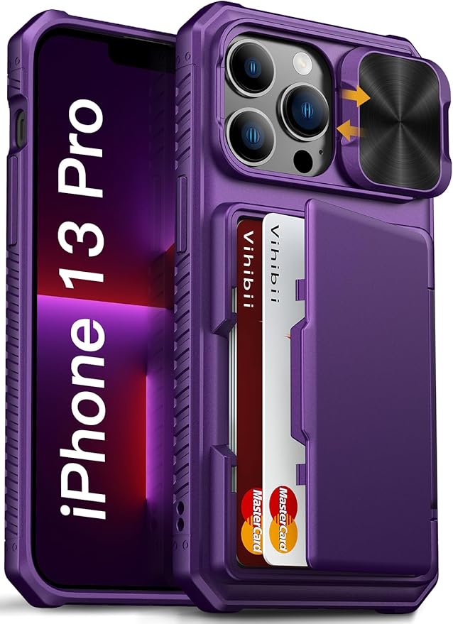 Vihibii for iPhone 13 Pro Wallet Case with Card Holder (4 Cards), [RFID Blocking] & Slide Camera Lens Cover & Raised Edges Protect Screen, Shockproof Rugged Case for iPhone 13 Pro, 6.1", Dark Purple