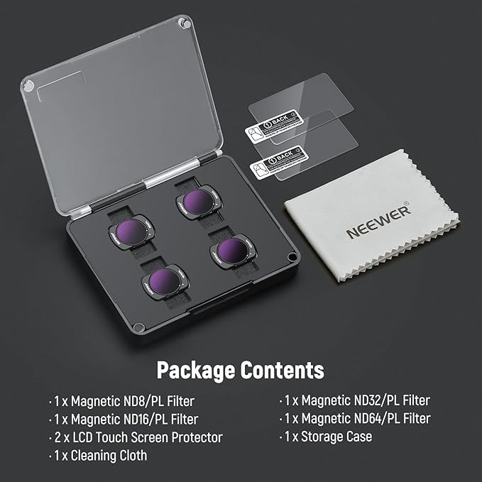 NEEWER Magnetic ND/PL Filter Set Compatible with DJI Osmo Pocket 3 Creator Combo Accessories, Action Camera 4 Pack ND8/PL ND16/PL ND32/PL ND64/PL Filters Kit with 2 LCD Touchscreen Protectors