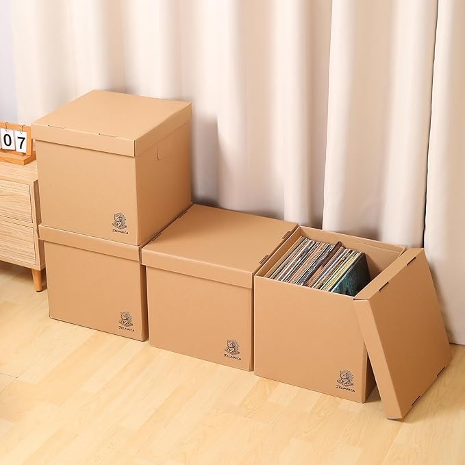 Jelmaica 12" Vinyl Record Storage and Moving Box - Sturdy Cardboard with Removable Lid - Holds up to 60 Records or Laser Discs - Set of 8 Boxes (8) (8)”