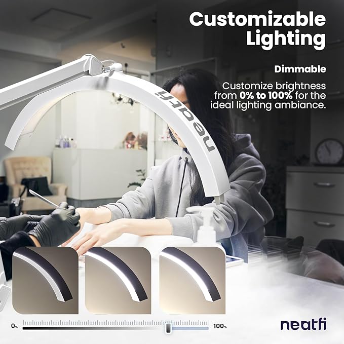 Neatfi Half Moon Swing Arm Table Lamp, 2500 Lumens, CCT Dimming, 5 Light Modes, Professional LED Lighting for Estheticians, Ideal for Nail Art, Facials, and Tattoos (with Base and Clamp, White)
