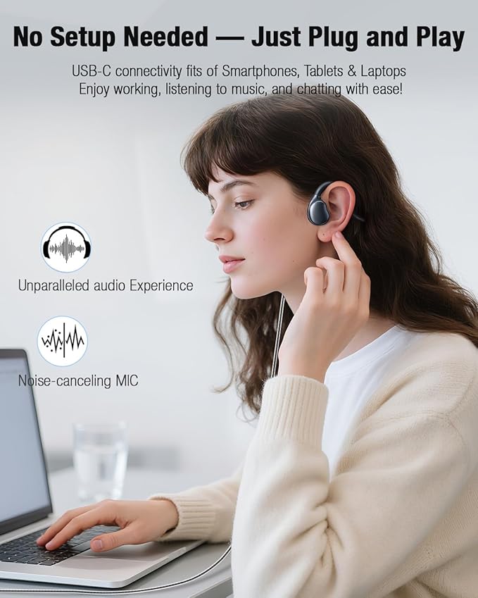 USB-C Wired Headphones,Open Ear Headphones with Mic, Plug in Headset with Premium Sound Type-C Headset Perfect for with Laptop, New iPhone 15 & 16, Samsung & Android Type C Phones- Black