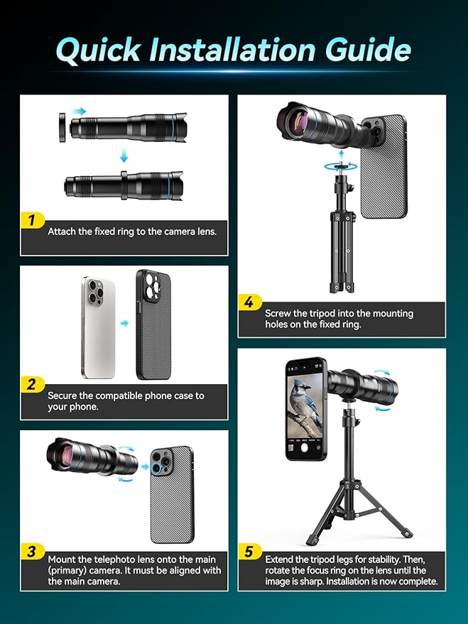 APEXEL 36x Telephoto Lens Compatible with iPhone 15 Pro Max | Photography for Travel, Birdwatching, Exploration | Kit with Sturdy Metal Tripod and Threaded Phone Case