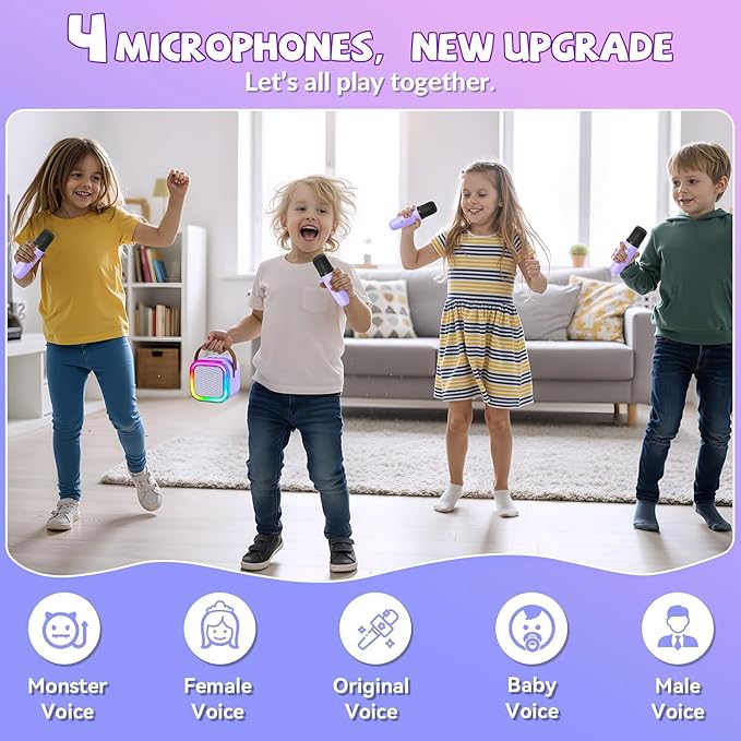 Upgraded Mini Karaoke Machine with 4 Wireless Microphones for Kids Girls Boys - Karaoke Party Speaker Christmas Birthday Gifts for 4 5 6 7 8 9 10 11+ Year Old - Kids' Instrument Accessories - Purple