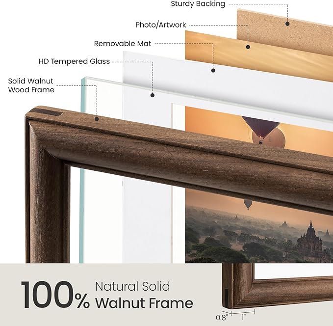 11x14 Picture Frame, USA-Sourced Walnut Wood Frame with Tempered Glass, Display 8x10 with Mat or 11x14 Without Mat, 11 by 14 Photo Frame for Vertical & Horizontal Display, Handcrafted, 1 Pack
