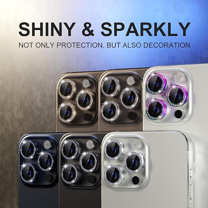 Choiche Compatible for iPhone 15 Pro/iPhone 15 Pro Max Camera Lens Protector Bling, 9H Tempered Glass Camera Cover Screen Protector Metal Ring Decoration Accessories (Diamond-Silver)