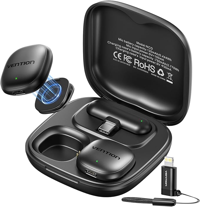 VENTION Mini Wireless Microphone for iPhone 17/16/15 Pro Max, USB C Bluetooth Microphone for Android/Camera, Ai Noise Cancelling Lavalier Mic with 24H Charging Case for Video Recording Vlogging