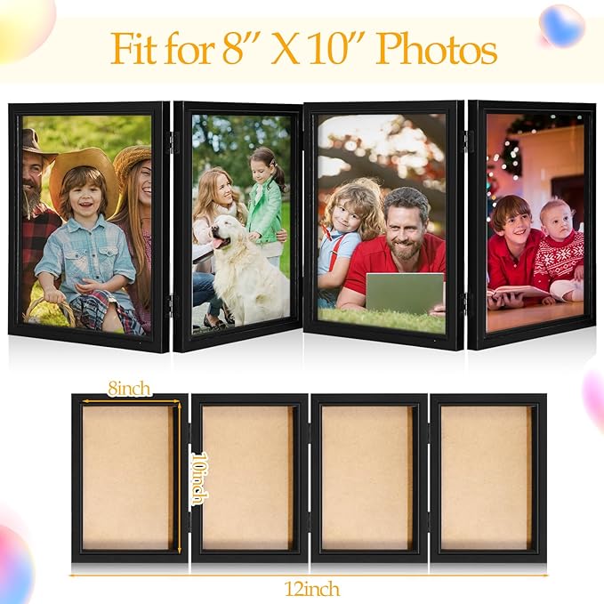 Sintuff 8 x 10 Picture Frames Hinged Fold Photos Frame Collage Vertical with Acrylic Opening Wood Desk Photo Rustic Multiple Desk Family Picture Collage Wedding Supplies(4 Fold Style,8x10inch,Black)