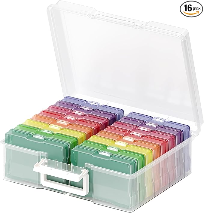 ＯｐｐｓＺｅｃｅ 4" x 6" Photo Organizer Storage Container with 16 Inner Case, Photo Storage Box with Handle for Crafts, Arts, Scrapbooking Stationery, Seed, Sewing Supplies, Arts Supply(Rainbow-Colored)