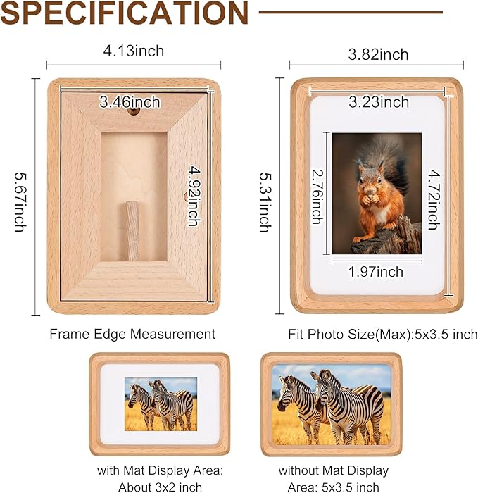 Kattepote Wooden Small Photo Frame 5x3.5 inch, Smll Picture Frames Display 2x3 Inch with Mat or 3.5x5 without Mat, with High Clear Acrylic, for Landscape or Portrait Orientation, Wall-Mount & Tabletop