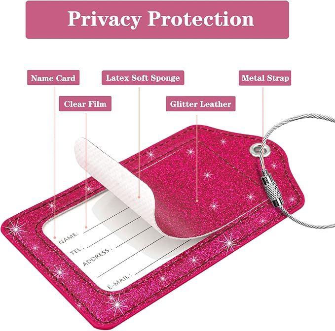 (Set of 2) Luggage Tag Leather Privacy Cover ID Label Address Card with Stainless Steel Loop, Travel Bag Tags Suitcase Labels, Glitter Rosy