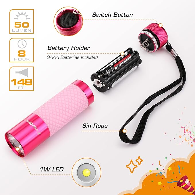 EverBrite 6-Pack Mini Flashlights, Glow in Dark Flashlights, Aluminum LED Flashlights Party Favors Assorted Colors for Camping, Hiking, Indoor, 18XAAA Batteries Included