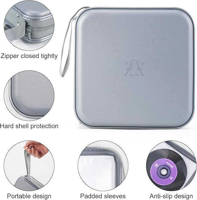 alavisxf xx 48 Capacity Hard Plastic DVD Case Portable Zipper CD Case Holder Large Storage Disc Wallet Bag for Car Home Travel (Grey)