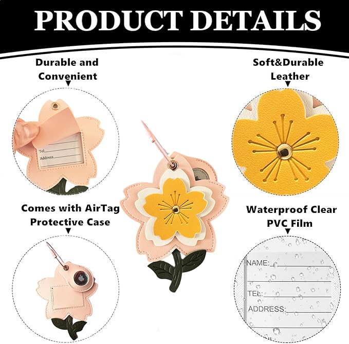 Cute Leather Luggage Tag Holder with Airtag Case Set,Hidden Compartment for AirTag Travel Suitcase Tracking Case with Stainless Steel Loop,Name ID Label(Yellow Cherry Blossoms)