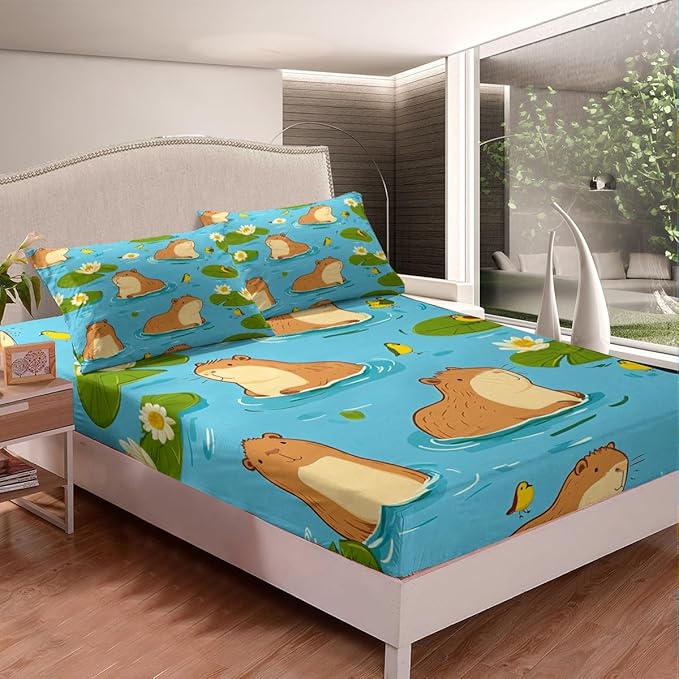 Erosebridal Capybara Fun Sheets Set for Kids - Cute Cartoon Capybara Fitted Sheet with Botanical Flowers Decor Gifts