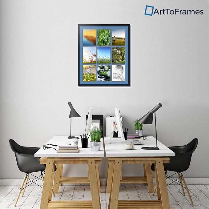 ArtToFrames Collage Photo Frame Double Mat with 9-8x10 Openings with Satin Black Frame and Liberty Blue mat.