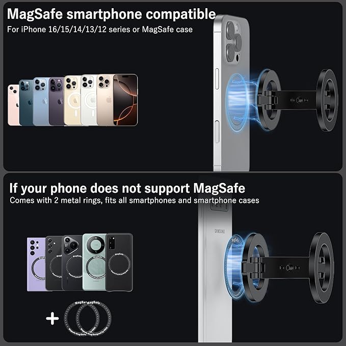 VRIG MG-26 Dual Magnetic Phone Tripod Mount with 1/4" Screw Hole Compatiable with Mag Safe for iPhone 16 15 14 13 12 All Series, Foldable Portable Magnetic Phone Stand for Travel, Car, and Gym