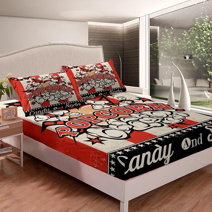 Erosebridal Movie Themed Bed Sheets Set Queen Size Vintage Cinema Style Sheet Set for Boys Girls Family Home Theater Decor Sheets Movie Theater Decor Fitted Sheet Popcorn Print Flat Sheet