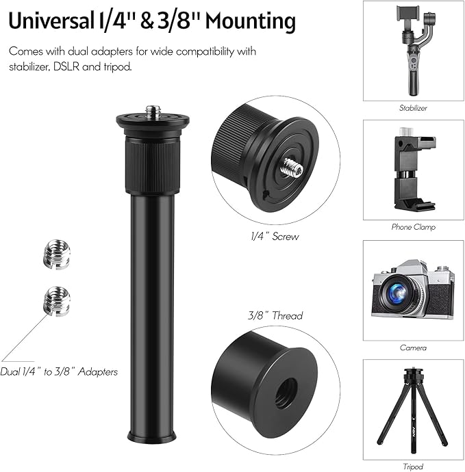 Andoer Extendable Aluminum Alloy Extension Pole Rod 19-31cm Universal 1/4-inch 3/8-inch Interface with 2pcs 1/4 to 3/8 Adapter Screws for DSLR SLR Camera Stabilizer Ball Head Tripod