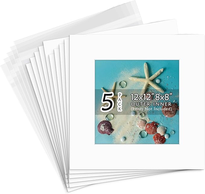 Golden State Art, Acid Free, Pack of 5, 12x12 White Picture Mats Mattes with White Core Bevel Cut for 8x8 Photo + Backing + Bags