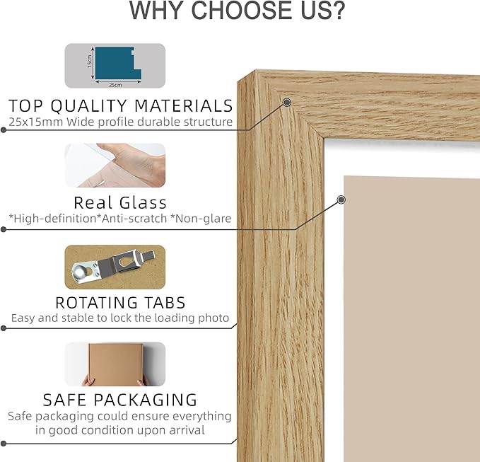 10x10 Picture Frame Set of 4, Made of Glass and Natural Oak Wooden Frame - Display Picture 8x8 with Mat or 10 x 10 Without Mat, 10 by 10 Photo for Wall or Tabletop