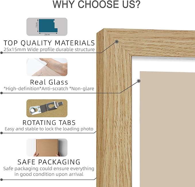 12x12 Picture Frame Set of 4 - Made of Glass and Natural Oak Wooden Frame, Display Square Pictures 10x10 with Mat or 12 x 12 without Mat, Desktop & Wall Collage Photo Frame