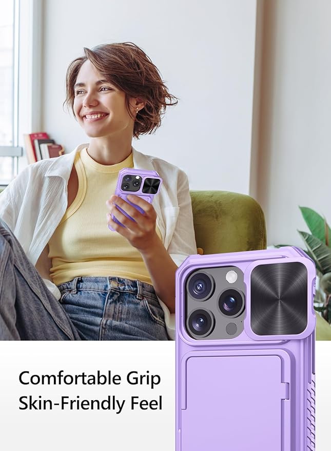 Vihibii for iPhone 15 Pro Case with Card Holder (4 Cards) & Slide Camera Cover & Kickstand, Shockproof Rugged Durable Hard Back & Soft Edge Wallet Phone Case for iPhone 15 Pro 5G 6.1" 2023, Purple