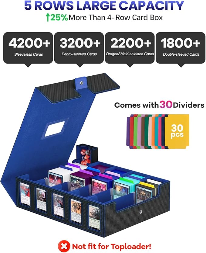 Trading Card Storage Box, 5 Row Card Deck Case with Commander Display & Portable Handle, 4200+ Card Deck Boxes Compatible for MTG TCG Magic Cards, 30 Divider, 8 Supporters, 1 Dice Tray (Black & Blue)