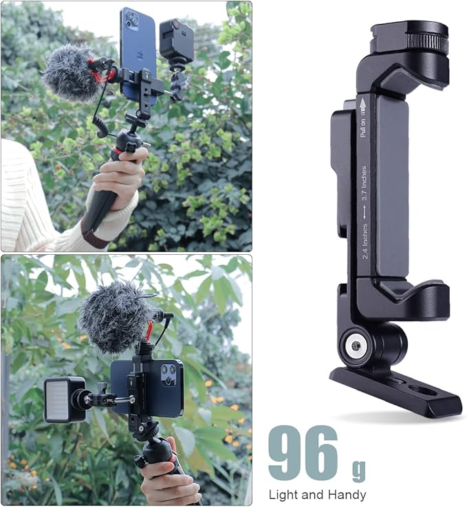 Metal Phone Tripod Mount w 2 Cold Shoes, Vertical, Horizontal & 45 Tilt Angles Tripod Phone Holder All Smartphone Holders Video Live Vlogging Streaming Rig