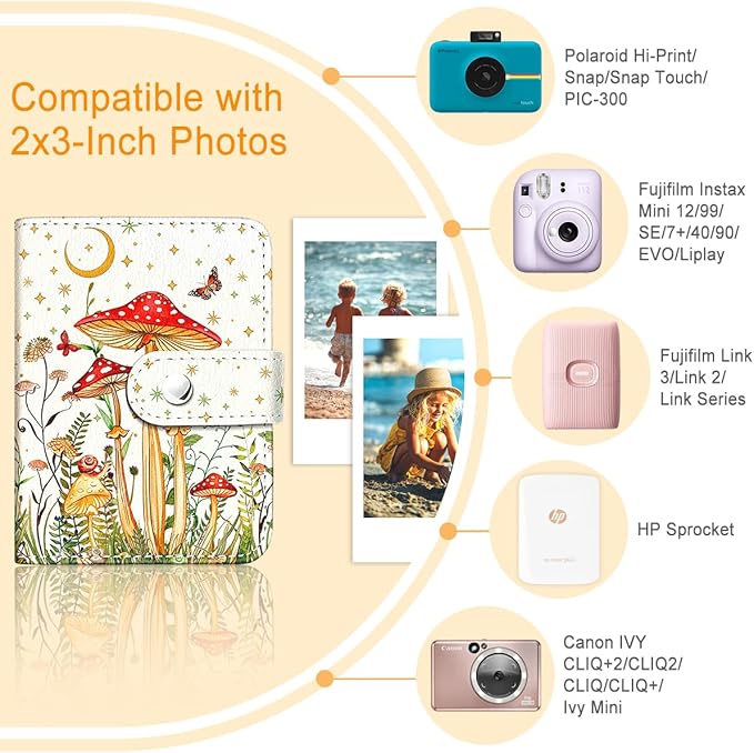 Lebrocoli Mushroom Garden Small Photos Album for 2x3 Inch Films, 56 Pockets Mini Cute Albums Book for Polaroid Fujifilm Instax Mini Instant Camera Printer, Kpop Photocard Pictures Binders Holders
