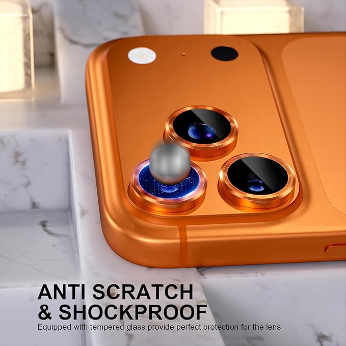 Choiche Compatible for iPhone 17 Pro/iPhone 17 Pro Max Camera Lens Protector, 9H Tempered Glass Camera Cover Screen Protector Metal Ring Decoration Accessories (Orange)