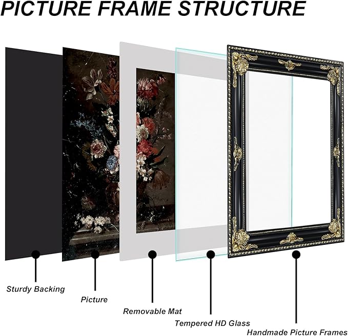 Gothic Black 11x14 Vintage Picture Frame for Wall Hanging, Real Glass, Ornate Victorian Baroque Frames with Mat for 8x10 or 11 x 14 Photos