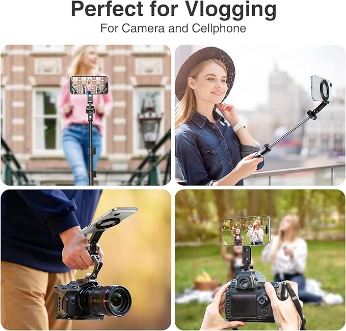 elitehood Magsafe Tripod Mount Adapter with 1/4” Screw & Hot Shoe, Lightweight Compact Cell Phone Tripod Mount for Camera, iPhone Camera Holder with Dual Hinges for iPhone 17 16 15 14 13 Series