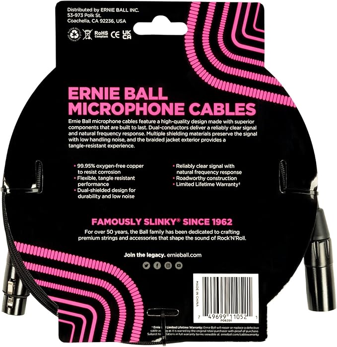 Ernie Ball Braided XLR Mircrophone Cable, 15ft, Black (P06391)