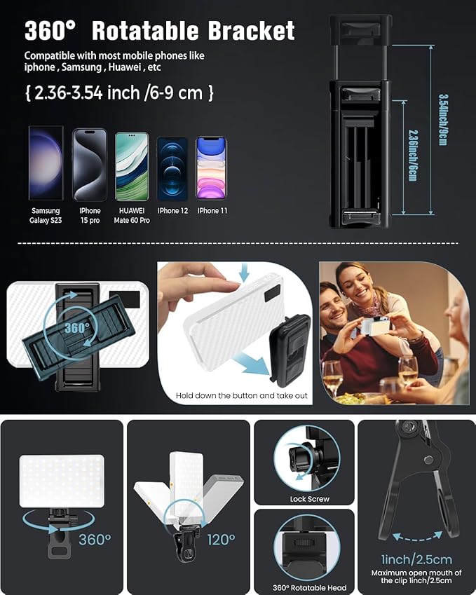 168 LED Portable Selfie Light Video Conference Light with Front & Back Clip, Rechargeable 3 Light Modes for Phone, iPhone, Android, iPad, Camera, Laptop, Makeup, Tiktok, Vlog(White)