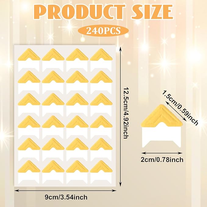 LIQWEI 240 Pcs Photo Corners for Scrapbooking, Photo Corners Self Adhesive Picture Stickers, Gold Wedding Scrapbook Picture Mounting Corner for DIY Scrapbook, Album, Memory Books, Diary