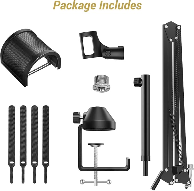 TONOR Microphone Boom Arm, Adjustable Microfono Stand Mic Arm with Extra-large Pop Filter, 3/8’’ and 5/8’’ Screwadapter, Equipment for Podcast, Recording, Streaming, 40cm+40cm+20cm Riser T10L+