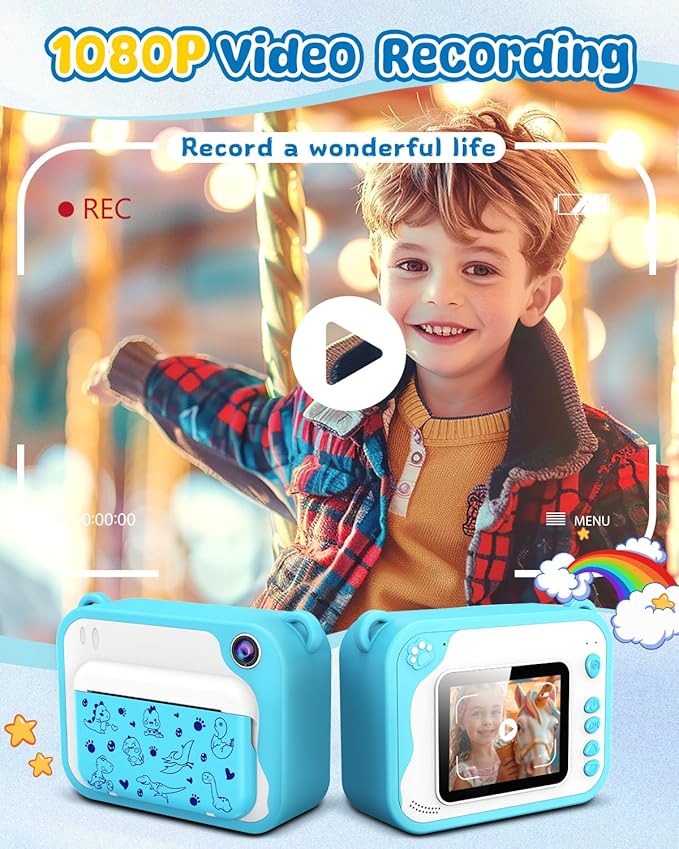 Kids Camera Instant Print, Dinosaur Instant Print Camera for Kids with 1080P Video, 32GB SD Card, 240 Photos, Christmas Birthday Gifts for Boys Girls Ages 3-12 (Blue)