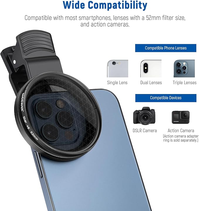 NEEWER 52mm ND + CPL + Star + 4 Graduated Color Filter Set with Phone Lens Clamp Compatible with iPhone 17 16 16e 15 14 Pro Max Plus Canon Nikon Sony Camera