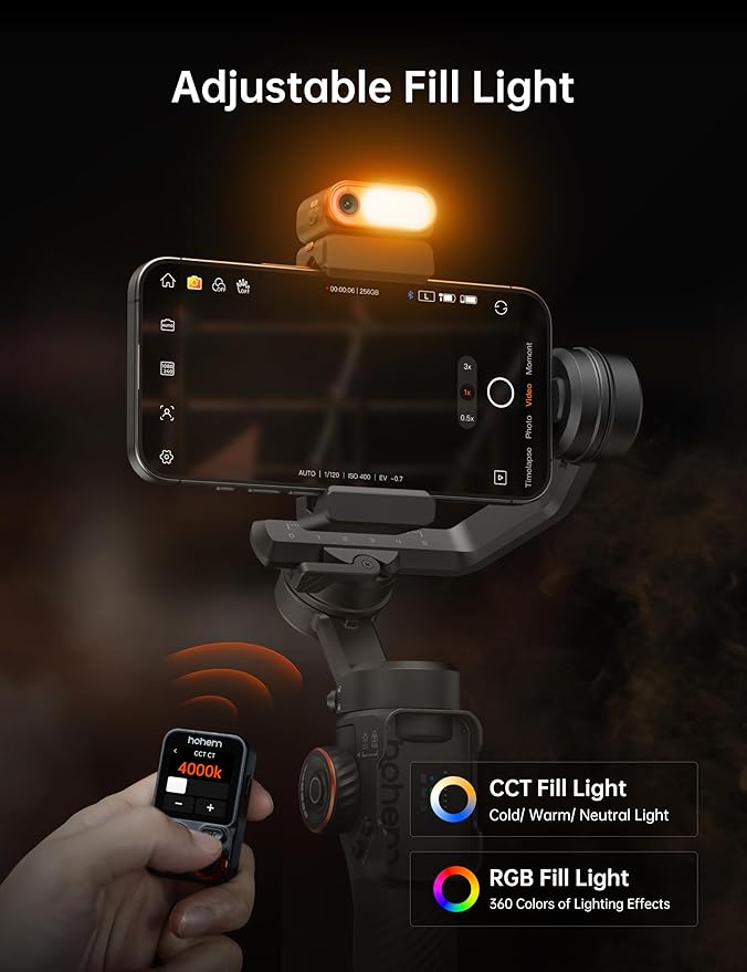 hohem 2-in-1 AI Tracking Sensor and Magnetic Adjustable Fill RGB Light, AI Vision Sensor, Smart AI Tracker Compatible with iSteady M7 Gimbal Stabilizer, 2700K-6500K, MTK-L04 Black