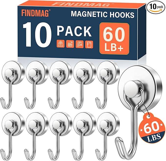 FINDMAG Magnetic Hooks for Cruise Cabins, 60lb+ Strong Neodymium Hooks for Hanging, Magnetic Hooks Heavy Duty for Refrigerator, 10 Pack Magnetic Swivel Swing Hooks for Workplace, Kitchen, Grill, Home