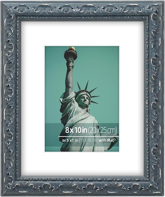 8x10 inch Distressed Wood Embossed Scroll Motif Vintage Antique Rustic Picture Frame, White Mat for 5x7 in Photo, Art Print Drawing, Wall Hanging or Desktop Display-Dark Navy Blue