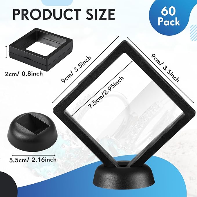 60 Pcs 3D Floating Display Case PE Film Jewelry Storage Box Coins Display Frame Holder Stands for Antique Challenge Coins, Medallion Shells Gems Rocks Pins (Black,3.5 Inch)